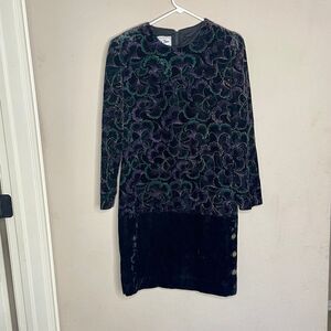 80’s Another Thyme Black Velvet Purple Green Glitter Long Sleeve Midi Dress Vtg